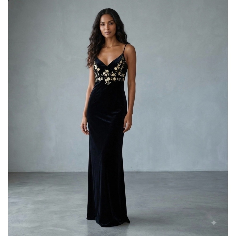 VTG Y2K Betsey & Adam Whimsigoth Black Velvet Dress Sz 10 Gold Florals Coquette